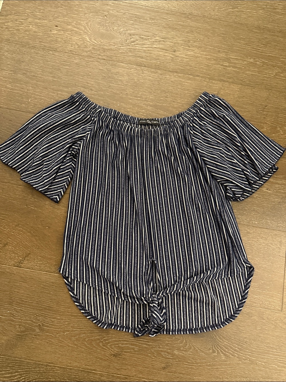 Kim & Cami Navy and White Striped Off-Shoulder or On-Shoulder Tie-Front Blouse